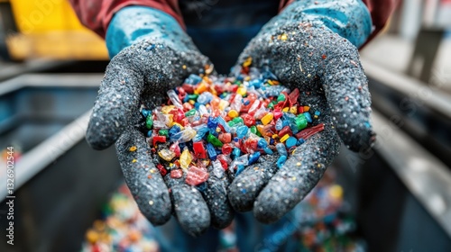 Gloved hands hold colorful plastic debris at a recycling center, showcasing the importance of waste management and environmental sustainability