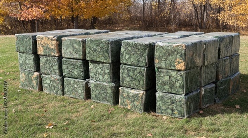 Large bales of compacted plastic waste are neatly stacked at a recycling center, showcasing efforts towards sustainable waste management