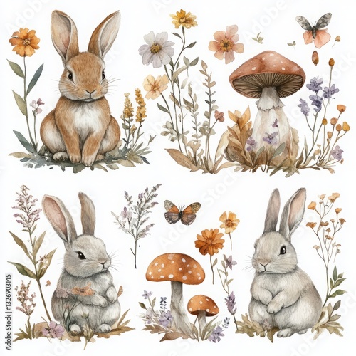 Woodland animals habitat hidden. A whimsical illustration featuring rabbits, mushrooms, and flowers in soft, earthy tones, creating a charming, nature-inspired scene.