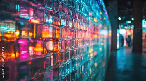 A transparent wall created from compressed plastic waste shines with vibrant colors, showcasing innovative art and environmental awareness