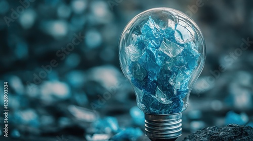 A light bulb filled with crushed plastic pieces represents innovative recycling ideas and environmental sustainability