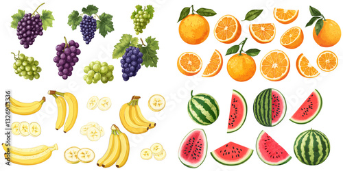 Vibrant fruit assortment showcasing grapes, oranges, bananas, and watermelons in vivid detail