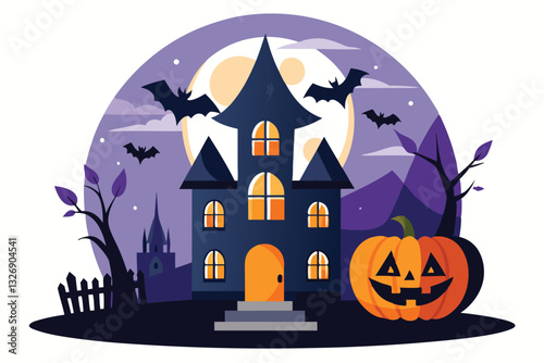 A whimsical haunted house with bats and a pumpkin under a full moon illuminates the eerie atmosphere Haunted house Customizable Disproportionate Illustration