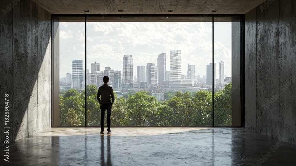 Fototapeta premium Contemplative View: A Man Gazing at a Modern Cityscape from a Minimalist Concrete Room