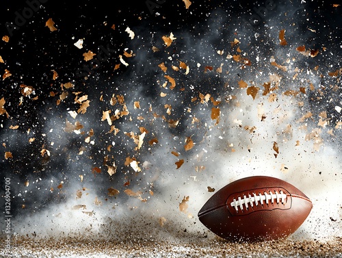 Dynamic football action with flying debris sports field image capture dramatic setting close-up motion concept