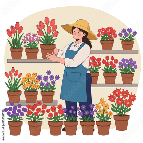 Woman Arranging Potted Flowers on Shelves at a Flower Shop