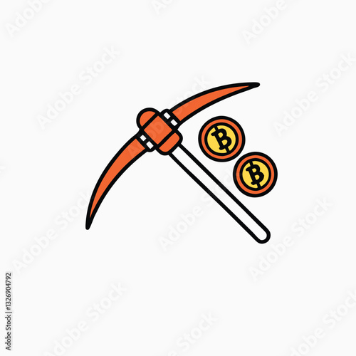 Bitcoin mining logo with hard hat helmet and pickaxe. Money burning with hammer, minimalist head logo, Icon, element. Vector illustration