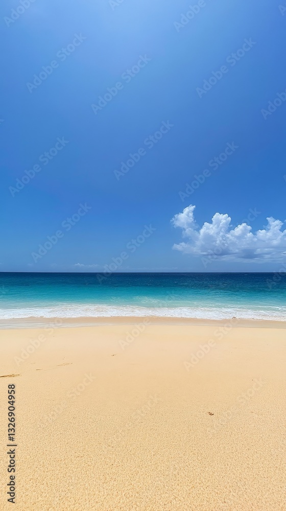 Serene beach with clear blue sky and tranquil ocean waves under bright sun Serene beach with clear blue sky and tranquil ocean waves under bright sun