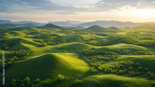 Serene Sunset Over Rolling Hills, A breathtaking landscape at sunset, showcasing rolling hills and valleys bathed in golden light