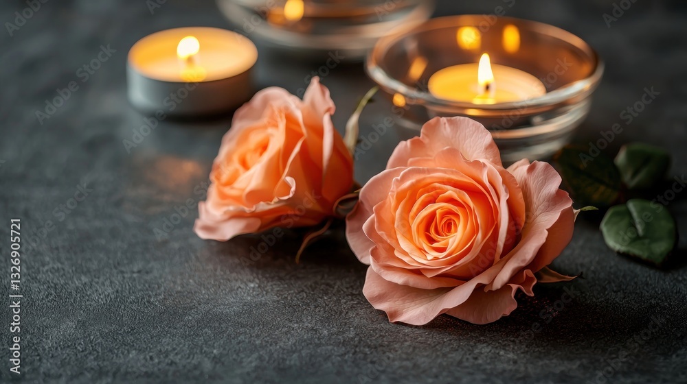 Fototapeta premium Peach roses, candles, spa, calm, gray stone background