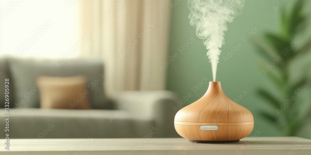 Enhancing Relaxation Closeup of a Wooden Essential Oil Diffuser in a Cozy Living Room Setting