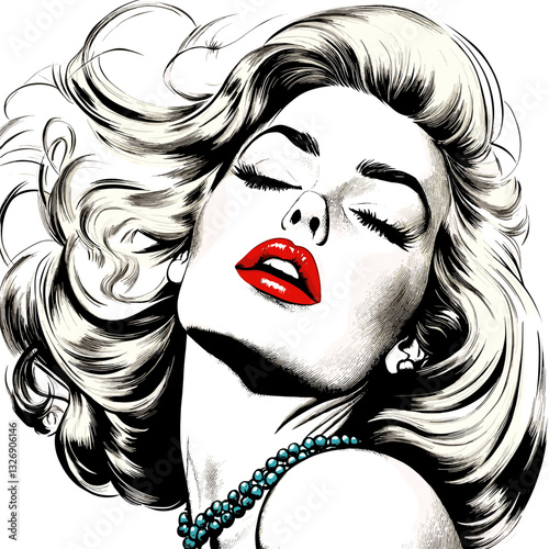 Glamorous vintage illustration of a woman with flowing blonde hair and red lips, bold style, copy space