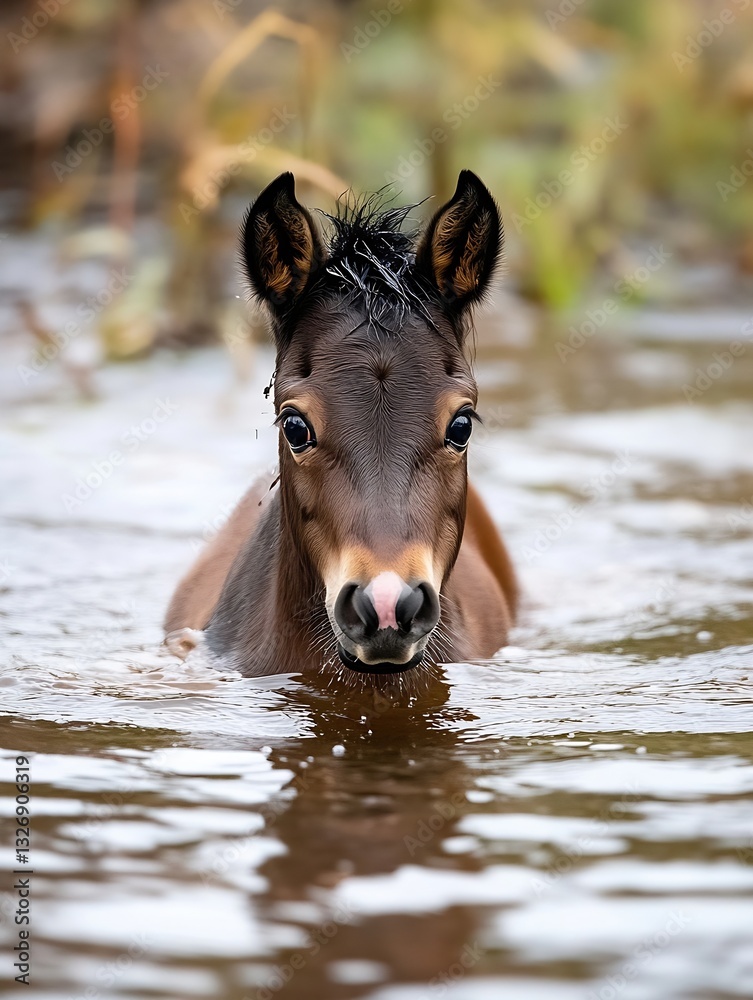 Curious Foal Playing in Shallow Water Surrounded by Beautiful Nature : Generative AI Curious Foal Playing in Shallow Water Surrounded by Beautiful Nature : Generative AI
