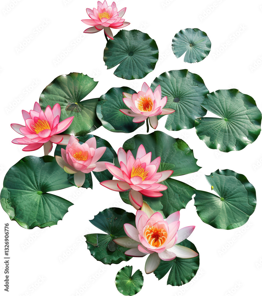 Fototapeta premium Colorful water lilies blooming on green leaves
