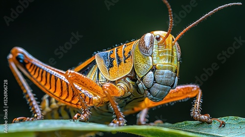 Close-up of a brightly colored Eastern Lubber Grasshopper perched on a green leaf in nature.