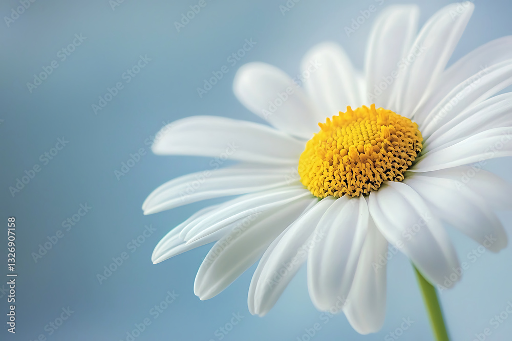 Naklejka premium A delicate close-up photograph of a daisy flower showing its bright yellow center and soft white petals against a gentle blurred background in pastel tones.