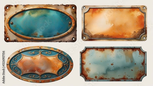 Rustic Vintage Metal Signs Rusty Oval Rectangular Blank Templates Design Elements Grunge Texture