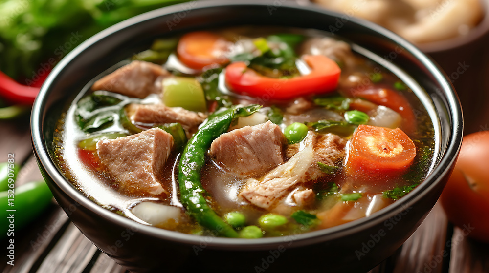 bowl of Sinigang, traditional Filipino sour soup, filled with tender pork chunks, tomatoes, green beans, spinach, and chili peppers in rich, tangy broth bowl of Sinigang, traditional Filipino sour soup, filled with tender pork chunks, tomatoes, green beans, spinach, and chili peppers in rich, tangy broth