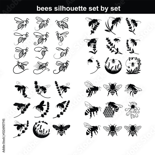 bee vector set silhouette  set of bee silhouette vector illustration vector silhouette honey bee on a white background silhouette
