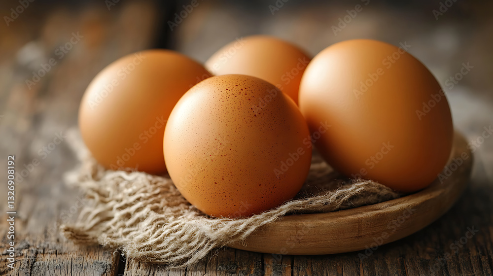 Brown eggs on rustic wooden plate with textured cloth, set on weathered wooden table, creating natural and organic feel. warm tones highlight freshness of eggs Brown eggs on rustic wooden plate with textured cloth, set on weathered wooden table, creating natural and organic feel. warm tones highlight freshness of eggs