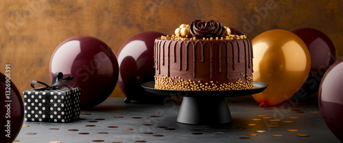 Chocolate cake on black stand, decorated with gold, surrounded by maroon and gold balloons and a gift.  Celebration concept. Happy Birthday background