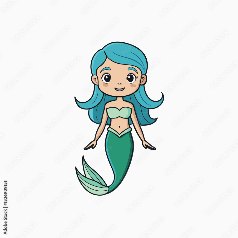 Cute Cartoon Mermaid with blue colour hair. Vector Hand Drawn Illustration Isolated On Transparent Background Cute Cartoon Mermaid with blue colour hair. Vector Hand Drawn Illustration Isolated On Transparent Background