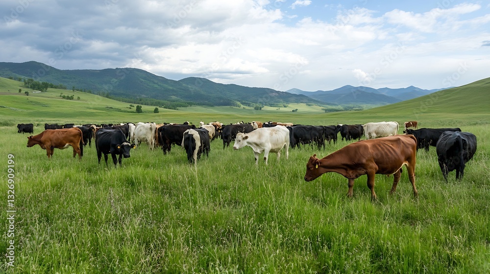 Obraz premium Herd of cows grazing peacefully in a lush green meadow surrounded by hills : Generative AI