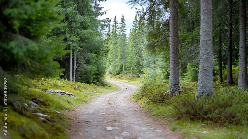 Fototapeta premium Serene winding path through lush green forest inviting nature lovers to explore : Generative AI