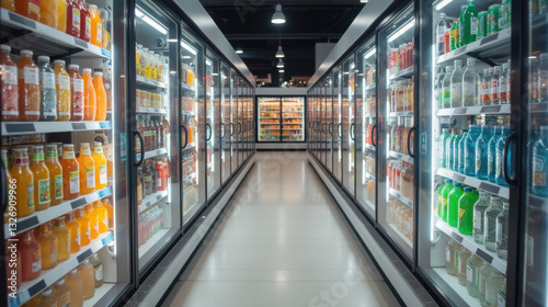 well organized beverage aisle featuring various drinks in glass refrigerators, showcasing colorful bottles and cans