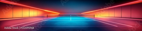High-tech vibrant tennis court with glowing neon geometric shapes and futuristic lighting. Generative AI photo