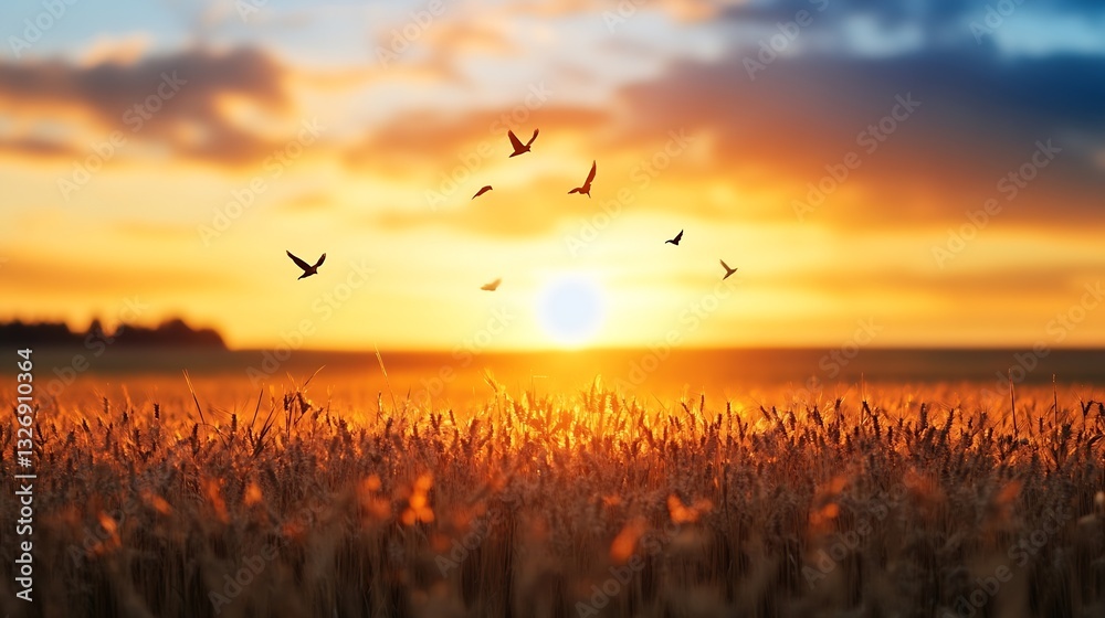 Obraz premium Stunning sunset over a golden wheat field with birds flying in the colorful sky : Generative AI
