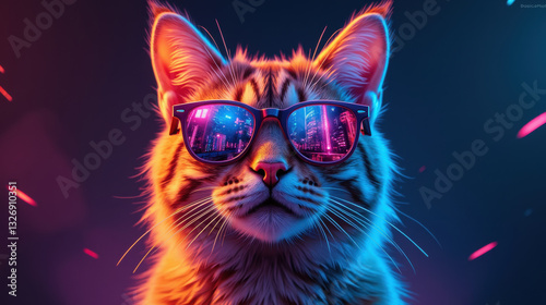 stylish cat wearing sunglasses in vibrant cityscape background, exuding cool and confident vibe