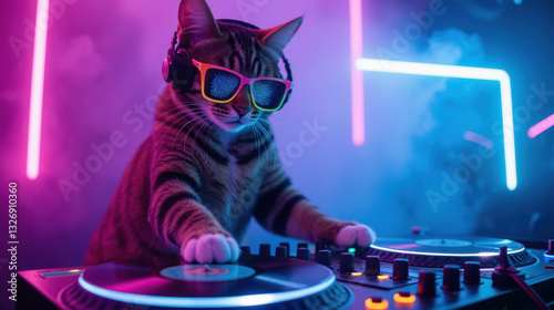 Cool cat DJ wearing sunglasses and headphones, mixing vibrant music in neon lights, creating fun atmosphere