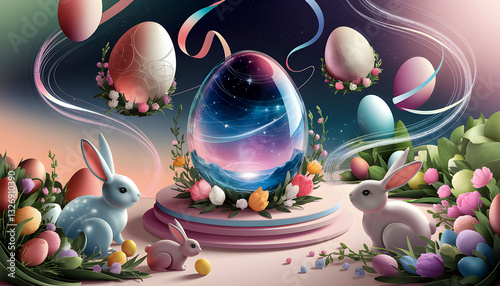 colorful easter decor scene featuring pastel eggs blooming flowers woven baskets bunny figurines festive ribbons springtime table setting bright cheerful atmosphere celebrating joyful traditions

