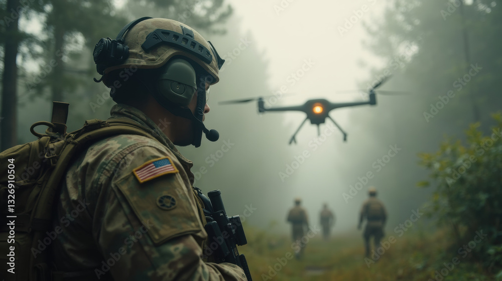 Military personnel in foggy forest with drone overhead, showcasing teamwork and technology Military personnel in foggy forest with drone overhead, showcasing teamwork and technology