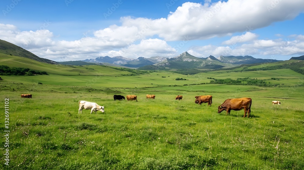 Beautiful Pastoral Landscape with Grazing Cows and Lush Green Fields Under a Bright Sky : Generative AI Beautiful Pastoral Landscape with Grazing Cows and Lush Green Fields Under a Bright Sky : Generative AI
