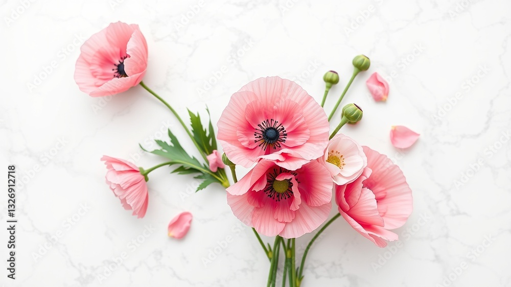 Elegant Pink Poppies on Marble - Flat Lay Design Elegant Pink Poppies on Marble - Flat Lay Design