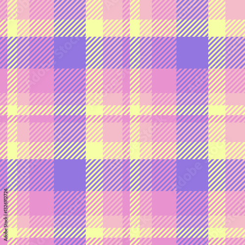 Pastel plaid pattern in soft pink, purple, and yellow. Ideal for textile design, scrapbooking, or website backgrounds. A cheerful and versatile design conveying gentleness and optimism.
