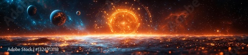 Cosmic Zodiac Wheel Glowing with Planets and Stars in Space. Generative AI photo