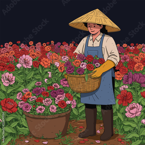 Woman Harvesting Colorful Roses in Field Wearing Traditional Straw Hat