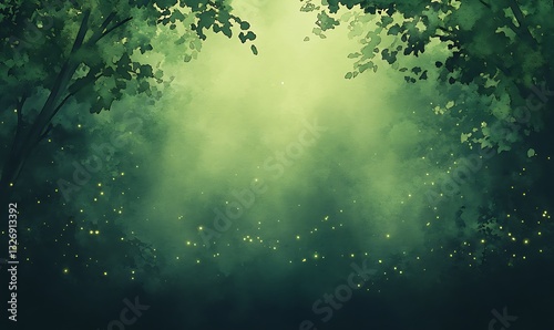 Misty forest scene with ethereal green light and soft foliage.
