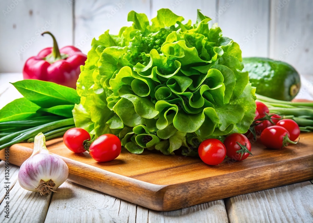 Fresh Lettuce, Red & Green Vegetables on Rustic Wooden Board - Healthy Food Stock Photo Fresh Lettuce, Red & Green Vegetables on Rustic Wooden Board - Healthy Food Stock Photo