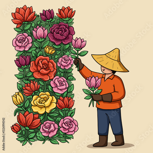 Picking Colorful Flowers Gardener Cartoon Illustration Rose and Lotus Variety