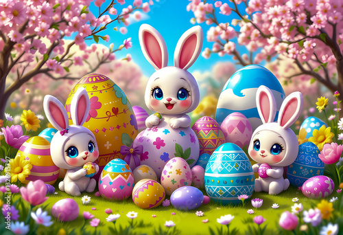 cheerful easter setting with pastel eggs spring flowers bunny figurines wicker baskets colorful ribbons green grass delicate tableware sunlight festive decorations charming seasonal celebration

