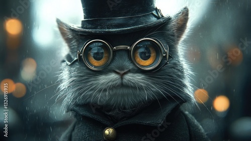 Stylish cat in top hat and glasses in urban setting photo