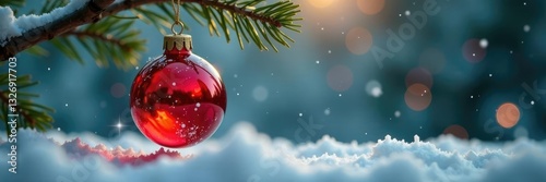 Glass red ball suspended from a thin fir branch, thin, snowflakes, ball