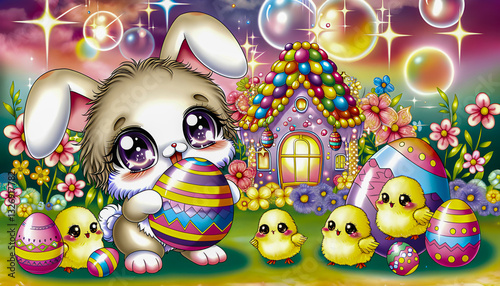 playful easter bunny surrounded by colorful eggs in a blooming spring meadow pastel decorations bright tulips daffodils butterflies gentle sunlight festive joyful atmosphere seasonal celebration


