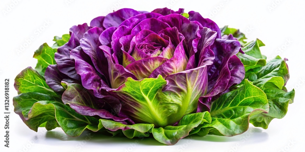 Obraz premium Fresh Purple & Green Lettuce Head Isolated on White Background - Lactuca sativa