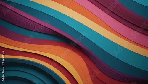 Flowing, wave-like lines in teal, blue, orange, red, pink, and purple intertwine diagonally, creating a dynamic, abstract composition with a layered, smooth texture