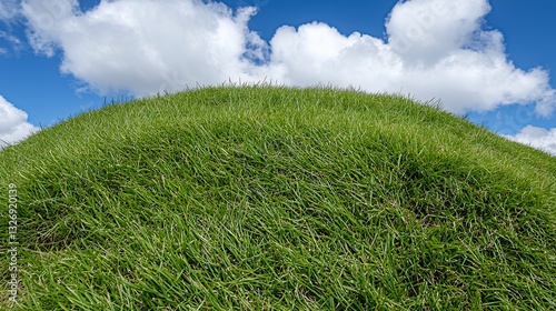 Lush Green Hill with White Flowers Under Blue Sky